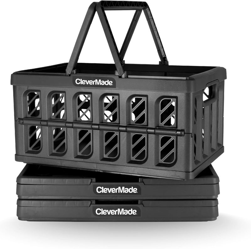 CleverMade Collapsible Shopping Basket with Handles â€“ 24L 3 Pack Collapsible Grocery Tote, Plastic Storage Baskets Fold Flat, Stackable Collapsible Storage Bins for Car & Home - Obsidian - Image 1