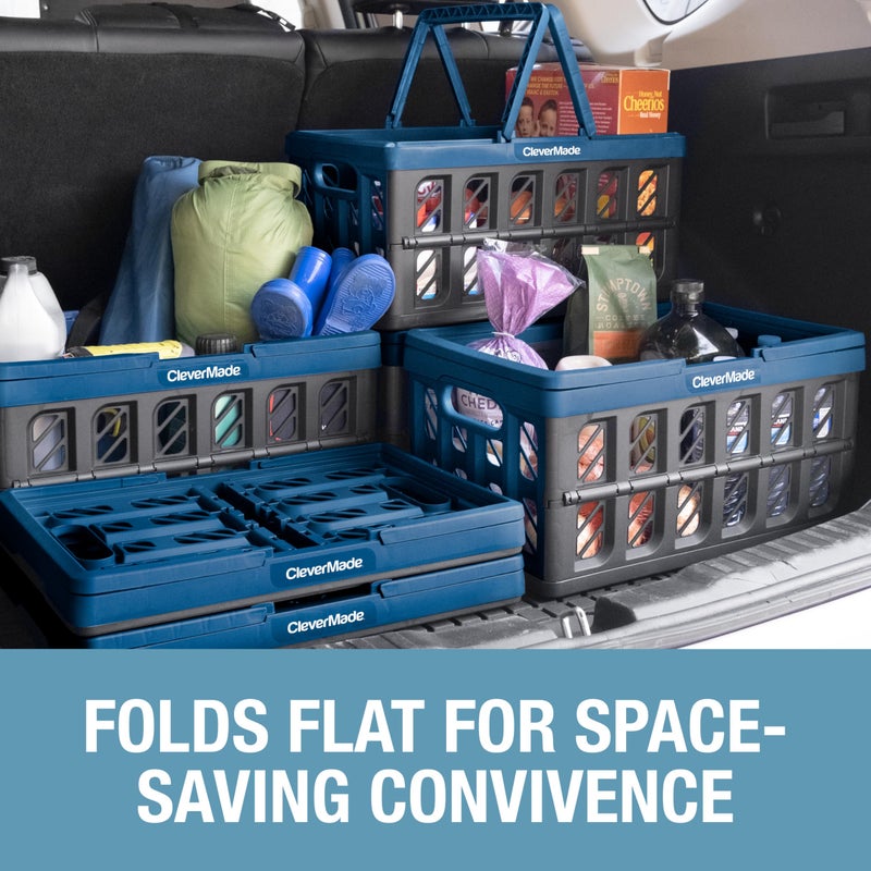 CleverMade Collapsible Shopping Basket with Handles â€“ 24L 3 Pack Collapsible Grocery Tote, Plastic Storage Baskets Fold Flat, Stackable Collapsible Storage Bins for Car & Home - Obsidian - Image 3