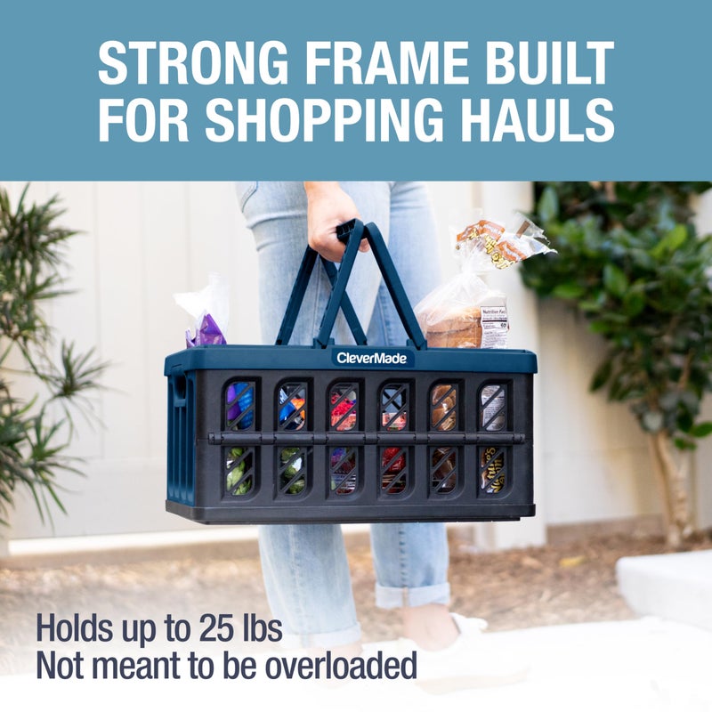 CleverMade Collapsible Shopping Basket with Handles â€“ 24L 3 Pack Collapsible Grocery Tote, Plastic Storage Baskets Fold Flat, Stackable Collapsible Storage Bins for Car & Home - Obsidian - Image 2