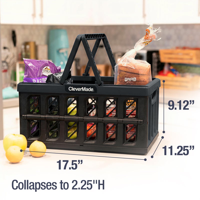 CleverMade Collapsible Shopping Basket with Handles â€“ 24L 3 Pack Collapsible Grocery Tote, Plastic Storage Baskets Fold Flat, Stackable Collapsible Storage Bins for Car & Home - Obsidian - Image 4