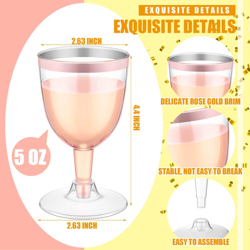 Thenshop Thenshop 50 Pack Plastic Wine Glasses 5 oz Disposable Wine Cups Champagne Glasses with Stem Reusable Clear Wine Goblets Shatterproof Cocktail Cups for Weddings Holiday Party Picnic (Rose Gold Rim) - Image 2