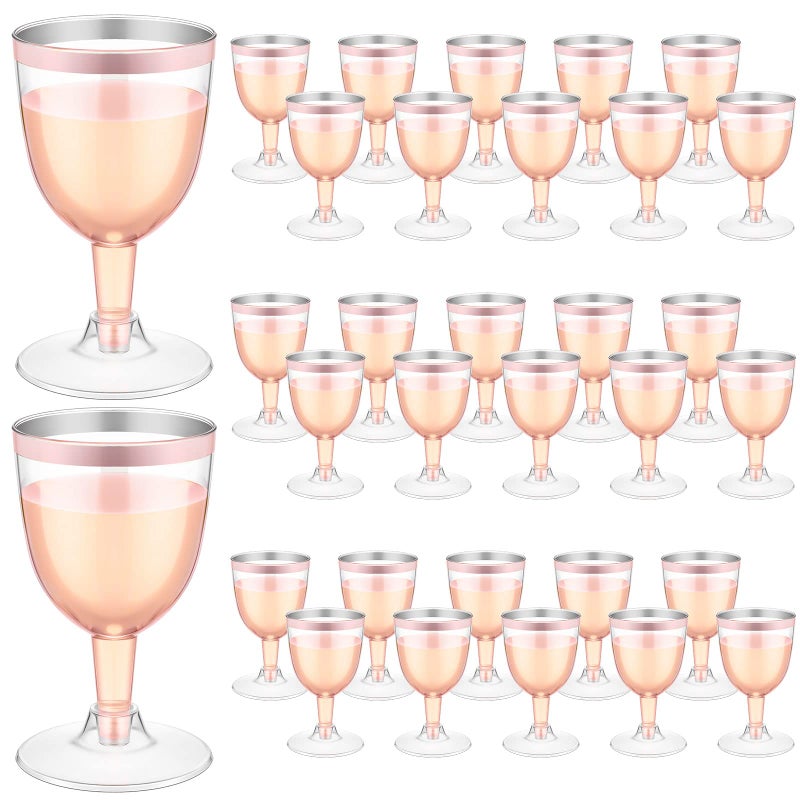 Thenshop Thenshop 50 Pack Plastic Wine Glasses 5 oz Disposable Wine Cups Champagne Glasses with Stem Reusable Clear Wine Goblets Shatterproof Cocktail Cups for Weddings Holiday Party Picnic (Rose Gold Rim) - Image 1