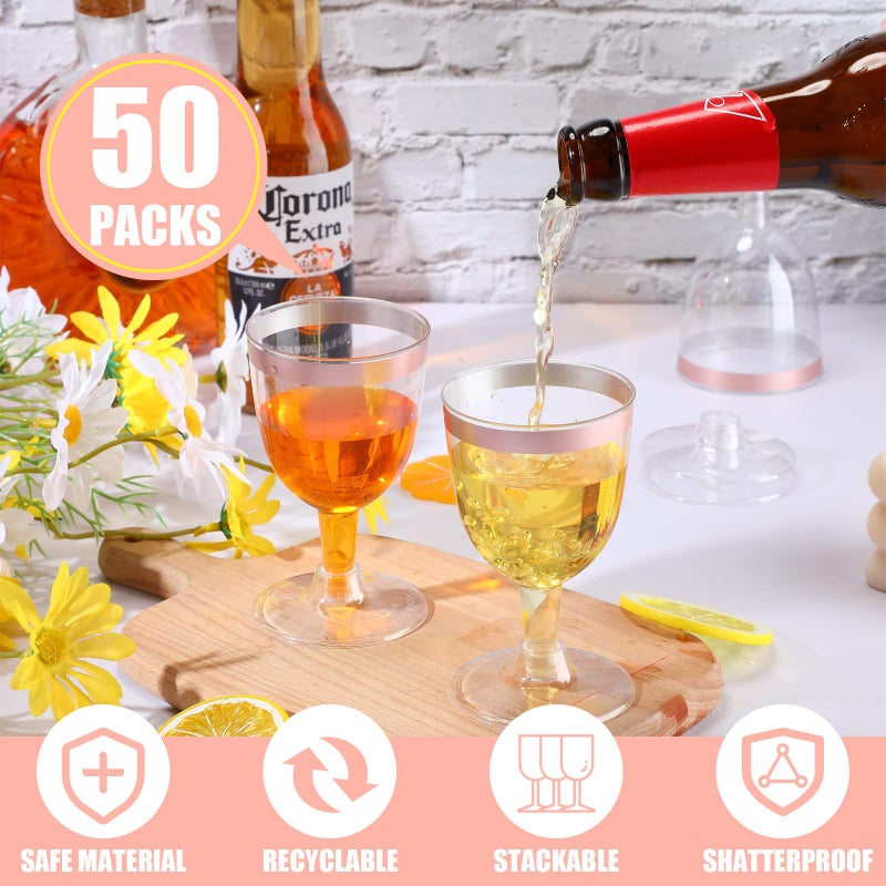 Thenshop Thenshop 50 Pack Plastic Wine Glasses 5 oz Disposable Wine Cups Champagne Glasses with Stem Reusable Clear Wine Goblets Shatterproof Cocktail Cups for Weddings Holiday Party Picnic (Rose Gold Rim) - Image 3
