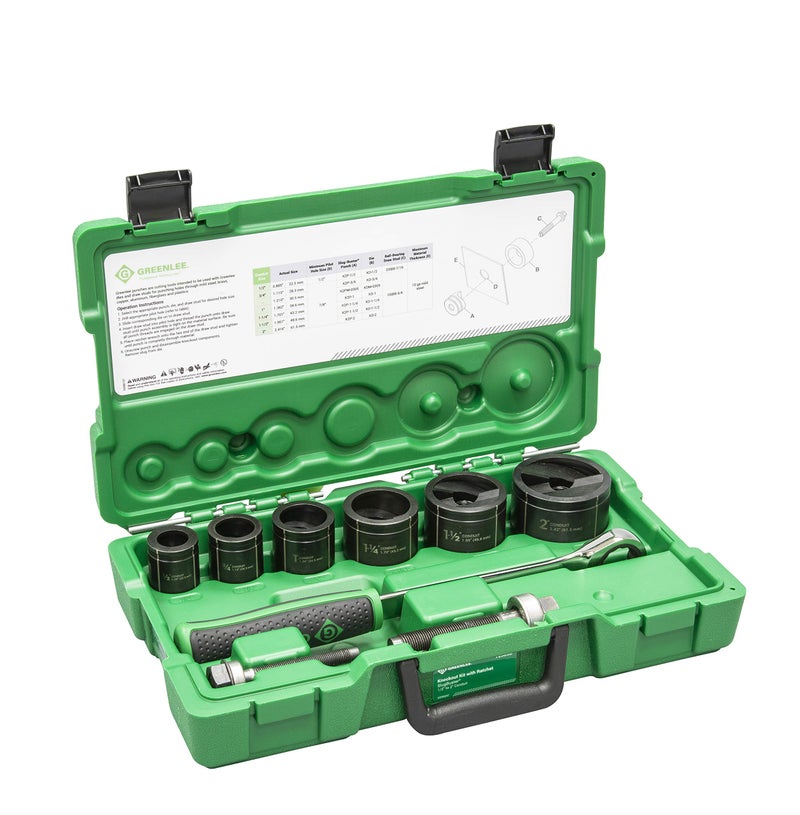 Greenlee 7238SB SlugBuster Knockout Punch Kit with Hex Ratchet Wrench 12 to 2 Punches and 716 and 34 Draw Studs Electrical Conduit Hole Cutter Kit Low Carbon Steel