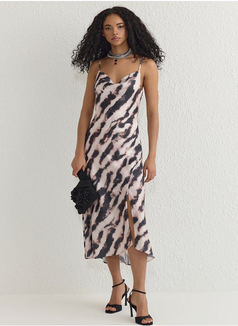 Black-Multicolored Lined Woven Satin Elegant Evening Dress
