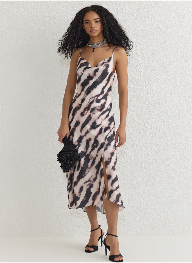 Black-Multicolored Lined Woven Satin Elegant Evening Dress