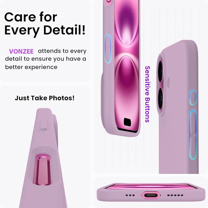 Elzzi غطاء ميكروفايبر مع شعار مقصوص متوافق مع غطاء آيفون 16 بلس سائل سيليكون كامل الجسم 4 طبقات أغطية واقية مضادة للصدمات مع حواف كاميرا مرتفعة (6.7 بوصة، ليلك) - Image 5