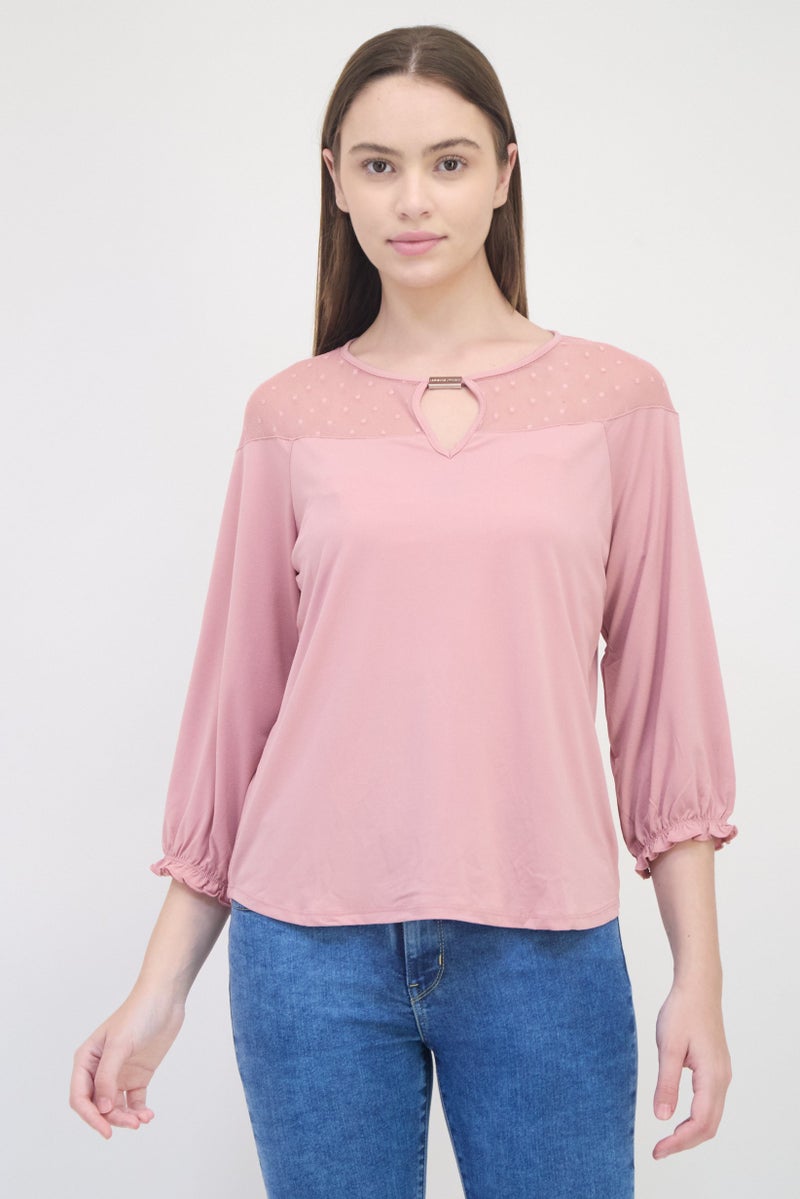 ADRIENNE VITTADINI Women Key Hole Neck 3/4 Sleeve Plain Blouse, Purple - Image 1