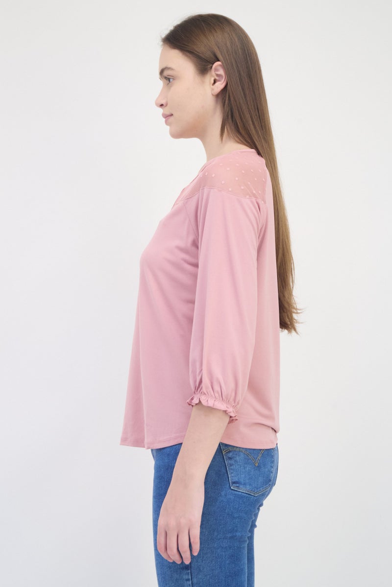 ADRIENNE VITTADINI Women Key Hole Neck 3/4 Sleeve Plain Blouse, Purple - Image 2