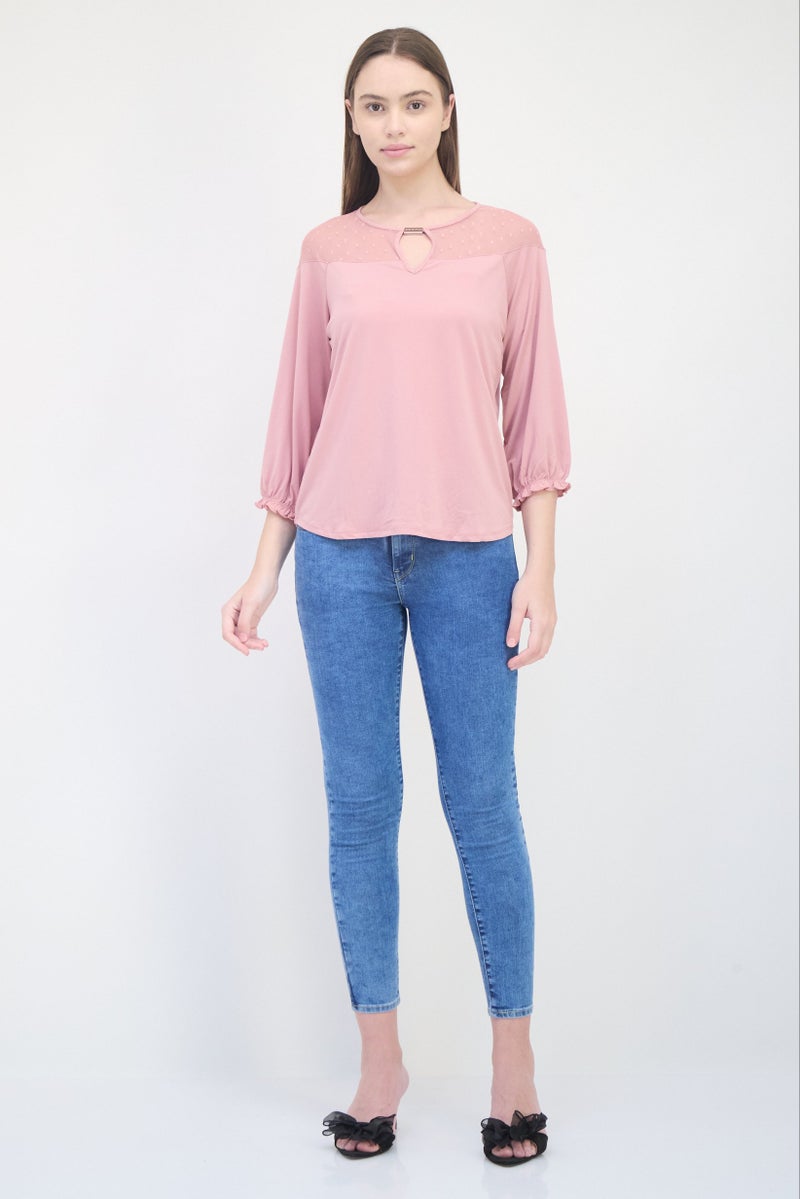 ADRIENNE VITTADINI Women Key Hole Neck 3/4 Sleeve Plain Blouse, Purple - Image 4
