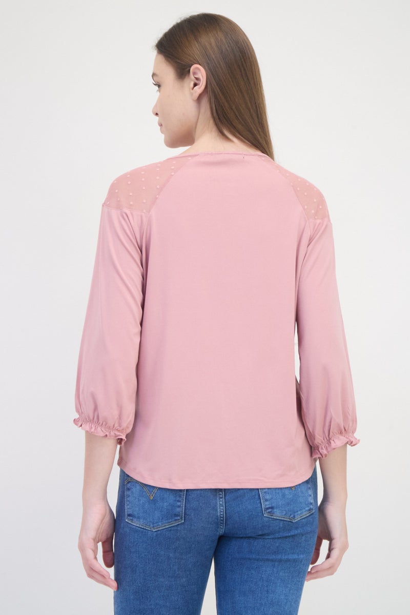ADRIENNE VITTADINI Women Key Hole Neck 3/4 Sleeve Plain Blouse, Purple - Image 3
