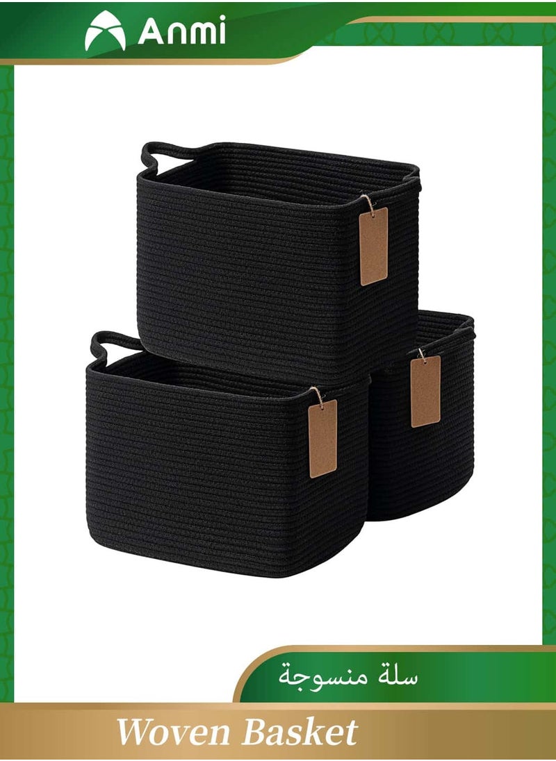 Anmi 3 Pack Woven Basket, Storage Baskets for Shelves, Small Laundry Basket, Toy Baskets Storage Kids, Towel Baskets for Bedroom, Living Room, 33 x 25 x 23 cm, Black  - Image 1