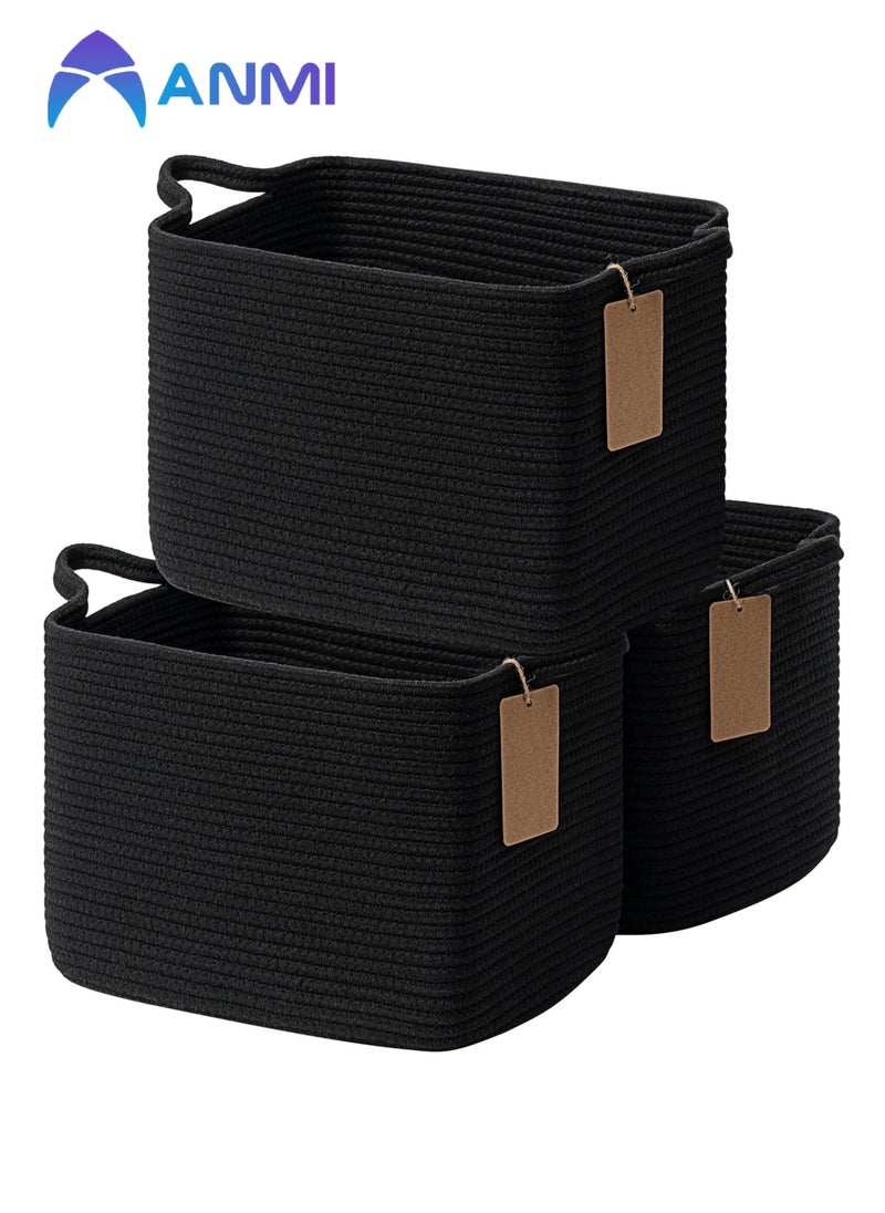 Anmi - Woven Basket, Storage Baskets for Shelves, Small Laundry Basket Pack of 3, Toy Baskets Storage Kids, Towel Baskets for Bedroom, Living Room, 13 x 10 x 9 Inches, Black - Image 1