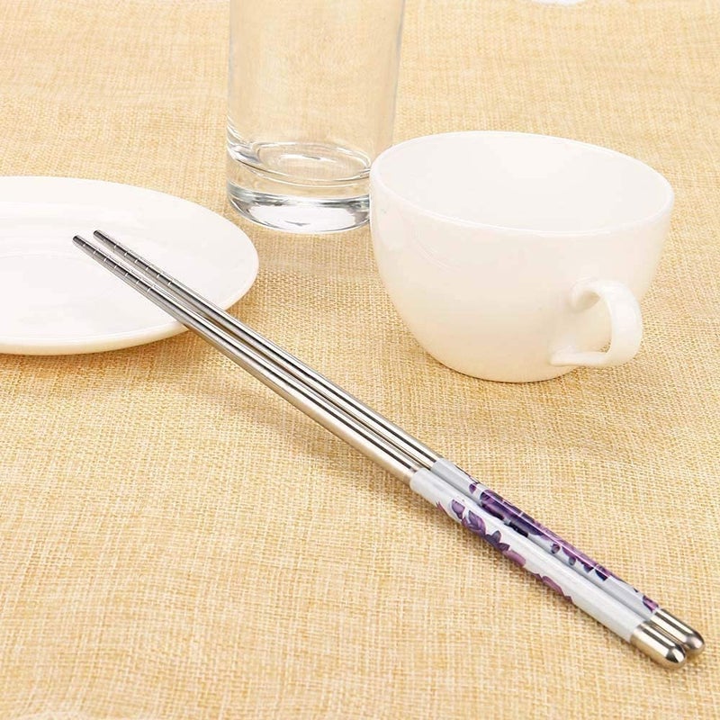 AIMERS Premium Reusable Stainless Steel Chopsticks Round Design Dishwasher Safe Lightweight Ideal for Sushi Noodles Rice AntiSlip Easy to Use Gift Set Purple Flower Design 5 Pairs - Image 2