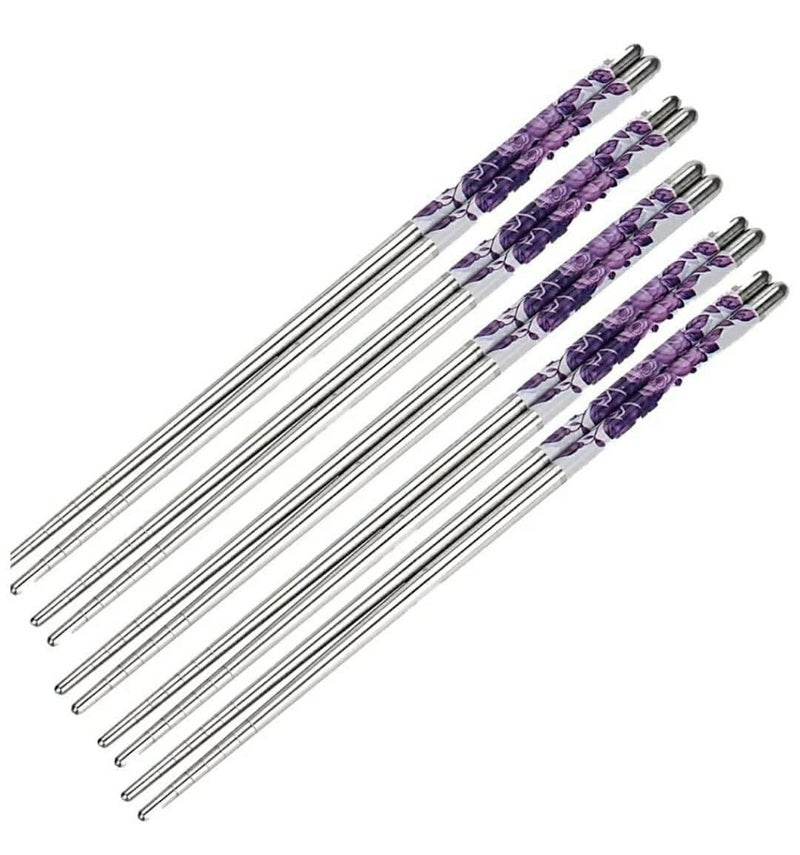 AIMERS Premium Reusable Stainless Steel Chopsticks Round Design Dishwasher Safe Lightweight Ideal for Sushi Noodles Rice AntiSlip Easy to Use Gift Set Purple Flower Design 5 Pairs - Image 1