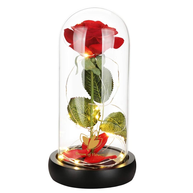 Dream of Flowers Beauty and The Beast Rose Rose Flower Gifts for Women Gifts for Her Birthday Gifts for Womens Eternal Rose Artificial Flower Light Up Rose in Glass Dome Glass Roes Flower Gifts for Her 