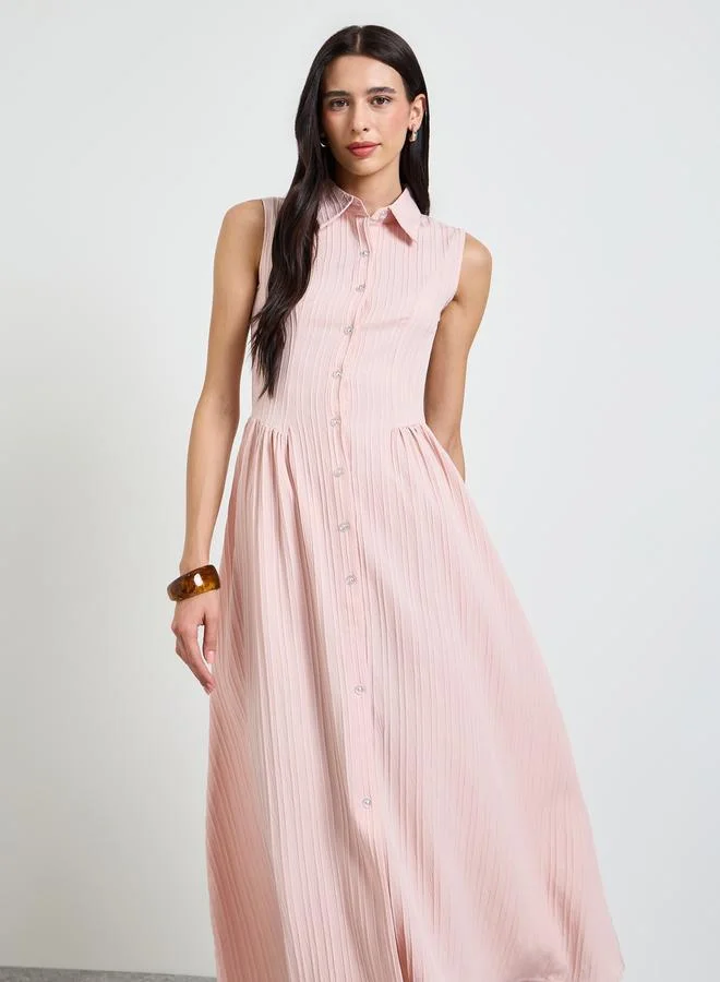 ستايلي Pink Textured Sleeveless Shirt Midi Dress