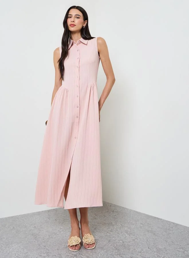 ستايلي Pink Textured Sleeveless Shirt Midi Dress