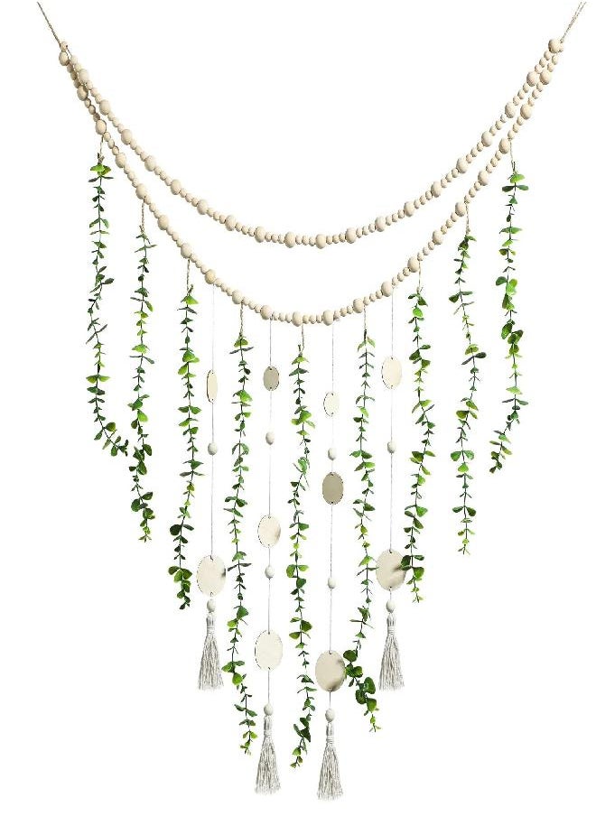 Jetec Jetec Hanging Eucalyptus Boho Wall Decor Large Boho Bedroom Wall Hanging Wooden Bead Garland Artificial Eucalyptus Natural Greenery Decoration, 36 x 36 Inch (Simple Color, Wood Chip Style)  - Image 1