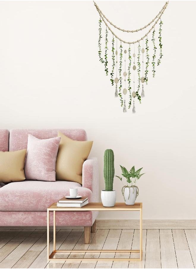 Jetec Jetec Hanging Eucalyptus Boho Wall Decor Large Boho Bedroom Wall Hanging Wooden Bead Garland Artificial Eucalyptus Natural Greenery Decoration, 36 x 36 Inch (Simple Color, Wood Chip Style)  - Image 2