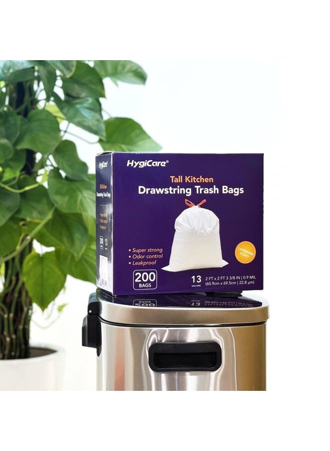 HygiCare Tall Kitchen Drawstring Trash Bags - 13 Gallons, 200 Count, Super Strong, Lavender Scent, Odor Control, Leakproof, Interleaved on Rolls - Image 2