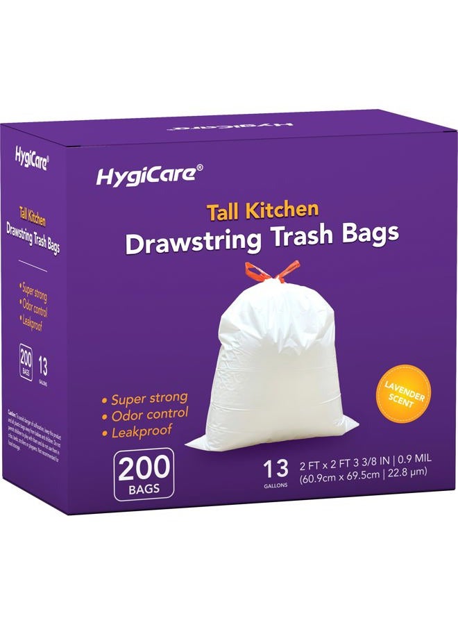 HygiCare Tall Kitchen Drawstring Trash Bags - 13 Gallons, 200 Count, Super Strong, Lavender Scent, Odor Control, Leakproof, Interleaved on Rolls - Image 1