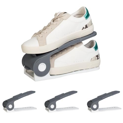 HomeStrap Shoe Organizer Slot (Pack of 4) (Grey/White)| Adjustable | Space Saver | Double Deck Shoes Storage Holder for Rack and Shelf - Image 1