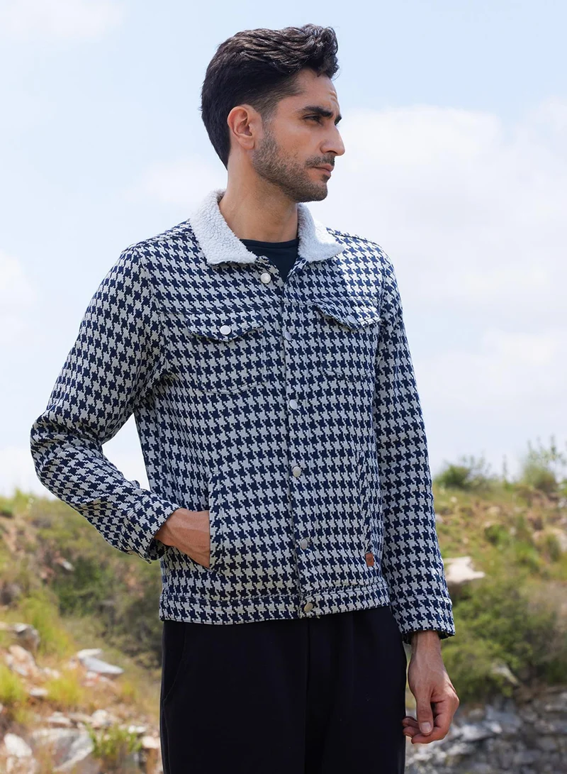 Campus Sutra Men's Navy Blue & Moon Grey Fleece Houndstooth Denim Jacket