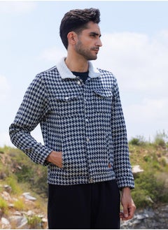 Campus Sutra Men's Navy Blue & Moon Grey Fleece Houndstooth Denim Jacket  - Image 3