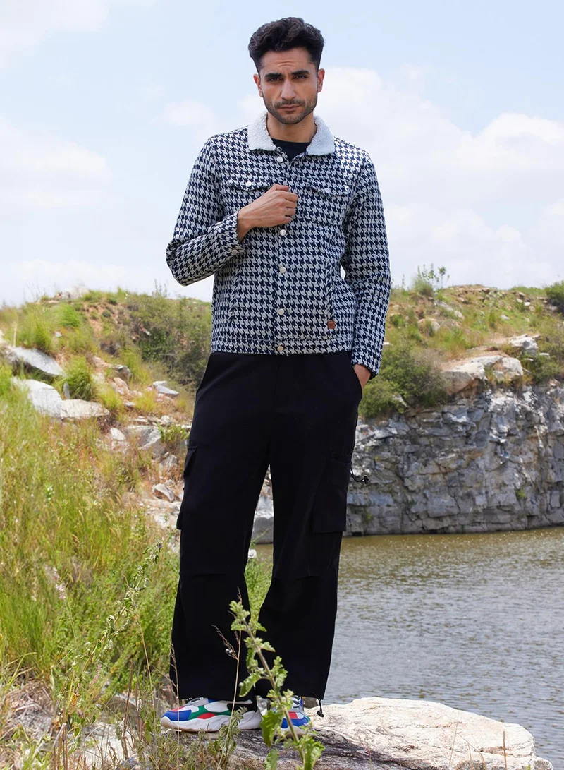 Campus Sutra Men's Navy Blue & Moon Grey Fleece Houndstooth Denim Jacket