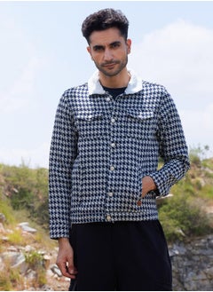Campus Sutra Men's Navy Blue & Moon Grey Fleece Houndstooth Denim Jacket  - Image 2