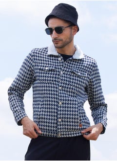 Campus Sutra Men's Navy Blue & Moon Grey Fleece Houndstooth Denim Jacket  - Image 1