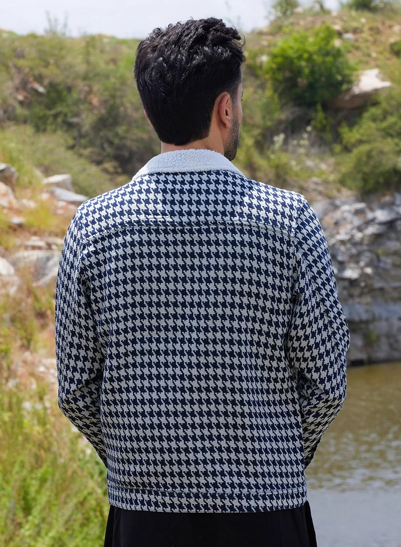 Campus Sutra Men's Navy Blue & Moon Grey Fleece Houndstooth Denim Jacket