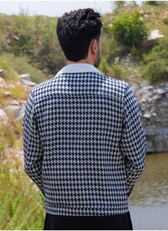 Campus Sutra Men's Navy Blue & Moon Grey Fleece Houndstooth Denim Jacket  - Image 5