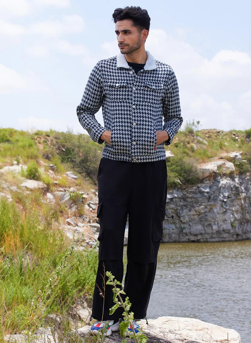Campus Sutra Men's Navy Blue & Moon Grey Fleece Houndstooth Denim Jacket