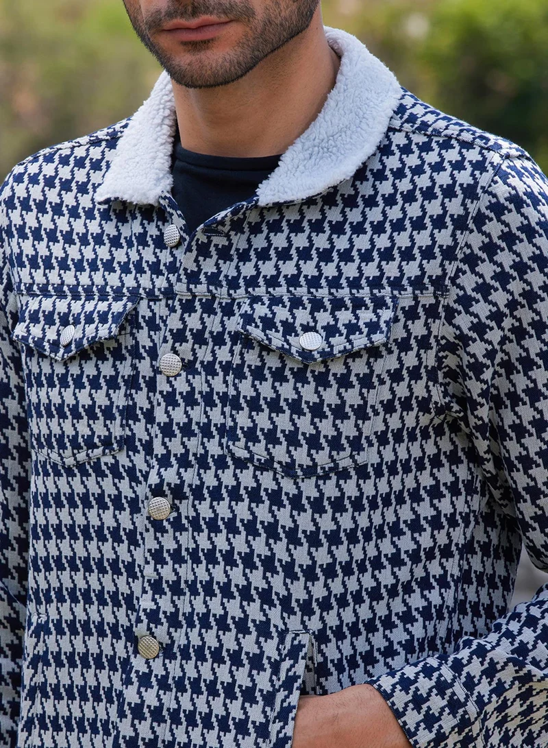 Campus Sutra Men's Navy Blue & Moon Grey Fleece Houndstooth Denim Jacket