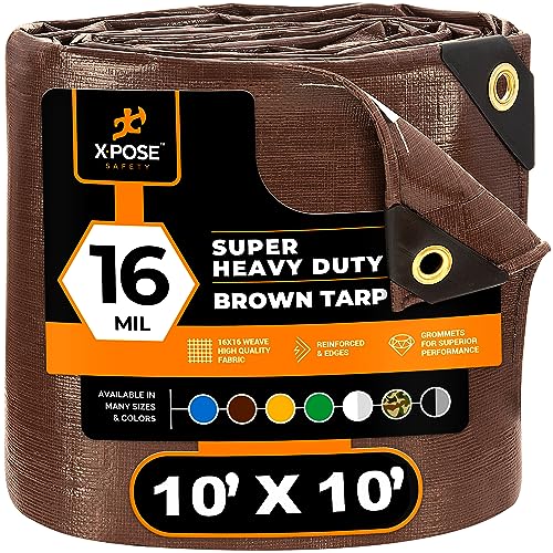xpose safety 10' x 10' Super Heavy Duty 16 Mil Brown Poly Tarp Cover - Thick Waterproof, UV Resistant, Rip and Tear Proof Tarpaulin with Grommets and Reinforced Edges - by Xpose Safety - Image 1