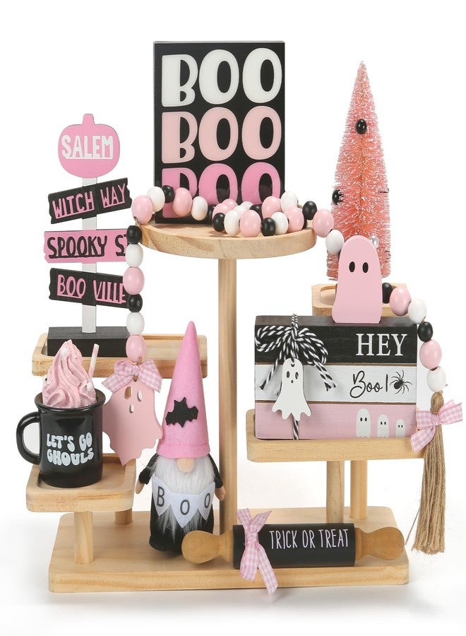 SYNCVIBE Pink Halloween Decorations 8PCS Tiered Tray Decor, Cute Girlie Tabletop Halloween Decor for Home Tray Shelf Fireplace Mantel Office Desk Table Centerpieces Farmhouse Rustic Spooky Wood Signs - Image 1