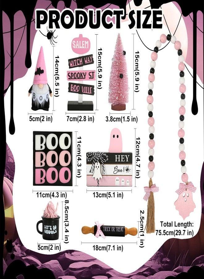 SYNCVIBE Pink Halloween Decorations 8PCS Tiered Tray Decor, Cute Girlie Tabletop Halloween Decor for Home Tray Shelf Fireplace Mantel Office Desk Table Centerpieces Farmhouse Rustic Spooky Wood Signs - Image 5