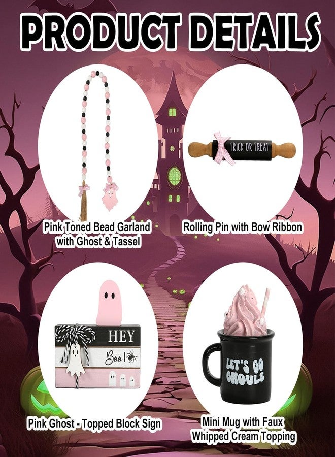 SYNCVIBE Pink Halloween Decorations 8PCS Tiered Tray Decor, Cute Girlie Tabletop Halloween Decor for Home Tray Shelf Fireplace Mantel Office Desk Table Centerpieces Farmhouse Rustic Spooky Wood Signs - Image 4