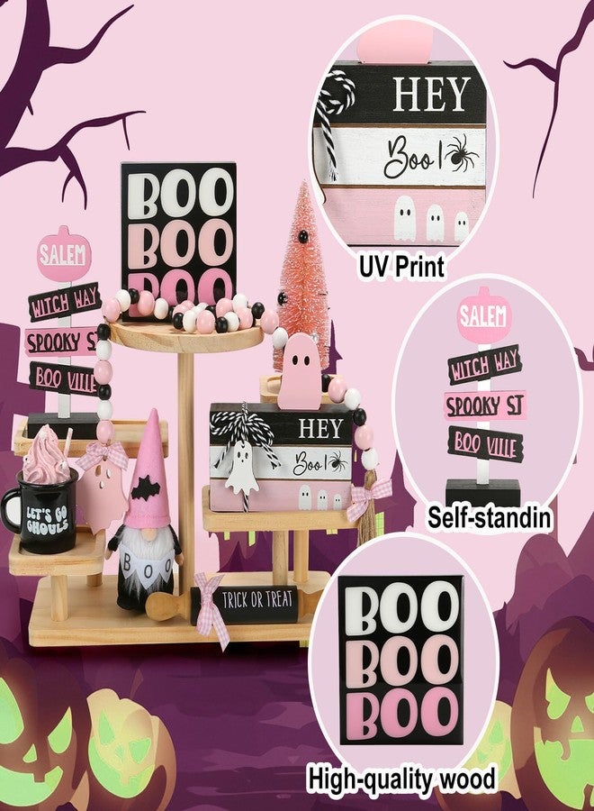 SYNCVIBE Pink Halloween Decorations 8PCS Tiered Tray Decor, Cute Girlie Tabletop Halloween Decor for Home Tray Shelf Fireplace Mantel Office Desk Table Centerpieces Farmhouse Rustic Spooky Wood Signs - Image 3