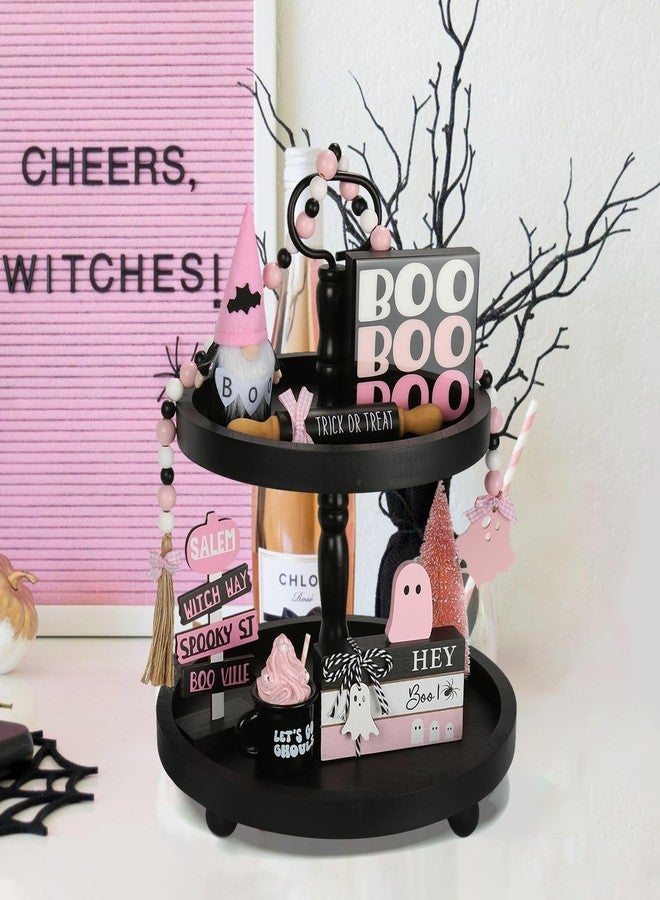 SYNCVIBE Pink Halloween Decorations 8PCS Tiered Tray Decor, Cute Girlie Tabletop Halloween Decor for Home Tray Shelf Fireplace Mantel Office Desk Table Centerpieces Farmhouse Rustic Spooky Wood Signs - Image 2