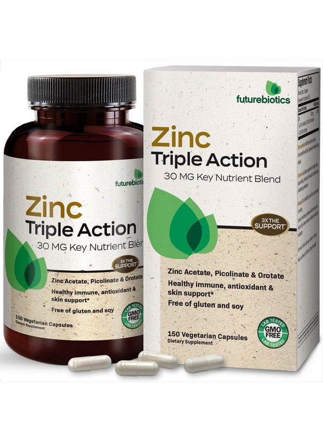Futurebiotics مكمل دعم المناعة Futurebiotics زنك ثلاثي الفعل 30 ملغ مزيج مغذي رئيسي مع أسيتات الزنك، بيكولينات وزنك وأوروات - دعم المناعة، مضاد للأكسدة وصحة الجلد - 150 كبسولة نباتية - Image 1