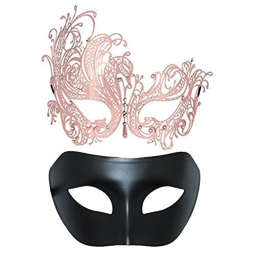 Coddsmz Couple Masquerade Mask Metal Masks Venetian Party Mask Halloween Costume Mask Mardi Gras Mask (Rose Gold+Black) - Image 1