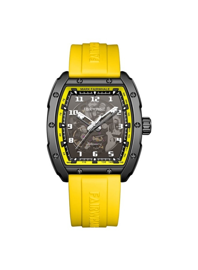 Mark Fairwhale Men's Barrel-Shaped Automatic Mechanical Watch - Water Resistant, Luxury Design, Yellow Dial & Yellow Silicone Strap