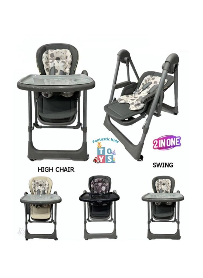 Burbay high chair for children with five height levels, can be used as a swing, double food tray, movable wheels, foldable, and has a movable footrest- DM133