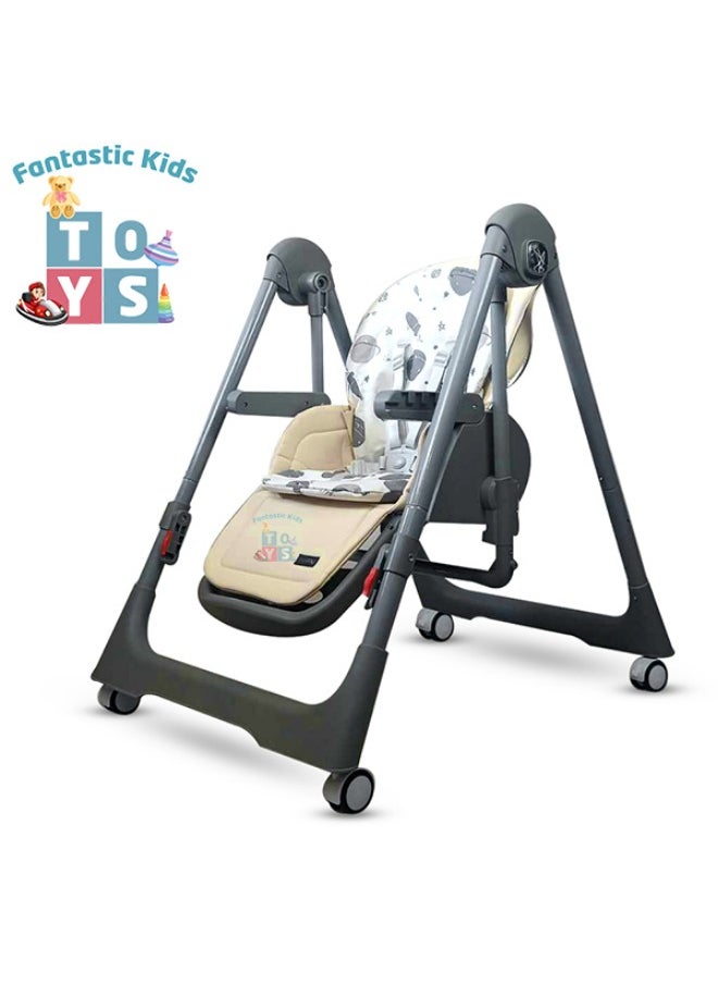 Burbay high chair for children with five height levels, can be used as a swing, double food tray, movable wheels, foldable, and has a movable footrest- DM133