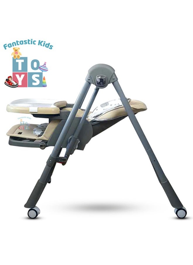 Burbay high chair for children with five height levels, can be used as a swing, double food tray, movable wheels, foldable, and has a movable footrest- DM133