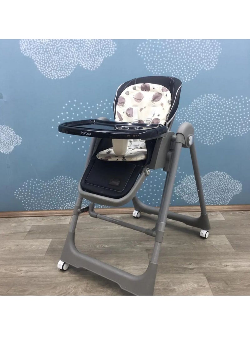 Burbay high chair for children with five height levels, can be used as a swing, double food tray, movable wheels, foldable, and has a movable footrest- DM133