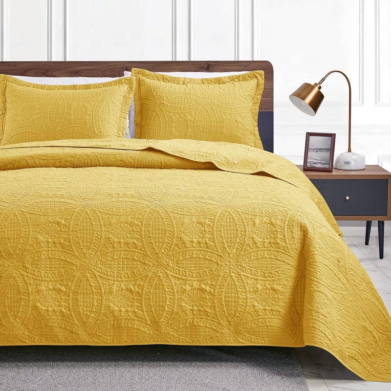 King Size Quilt Set Yellow Bedspreads - Soft Bed Summer Quilt Lightweight Microfiber Bedspread- Modern Style Coin Pattern Coverlet for All Season - 3 Piece (1 Quilt, 2 Pillow Shams) - Image 1